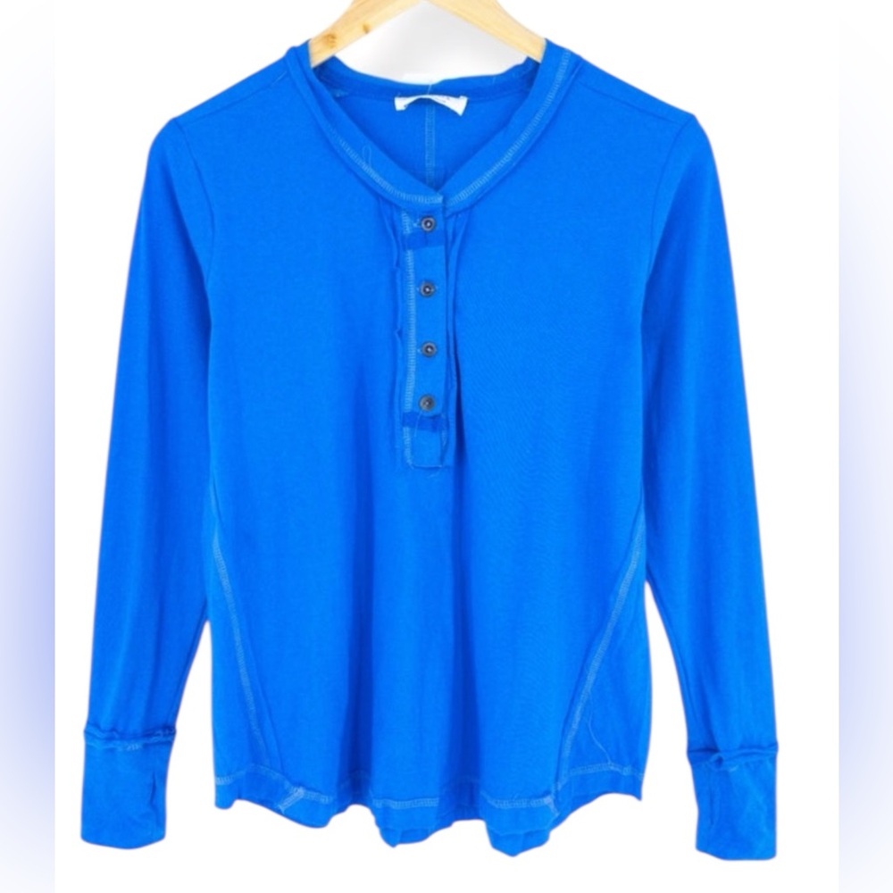 Zenana Blue Long Sleeve Henley Shirt with Thumbhole